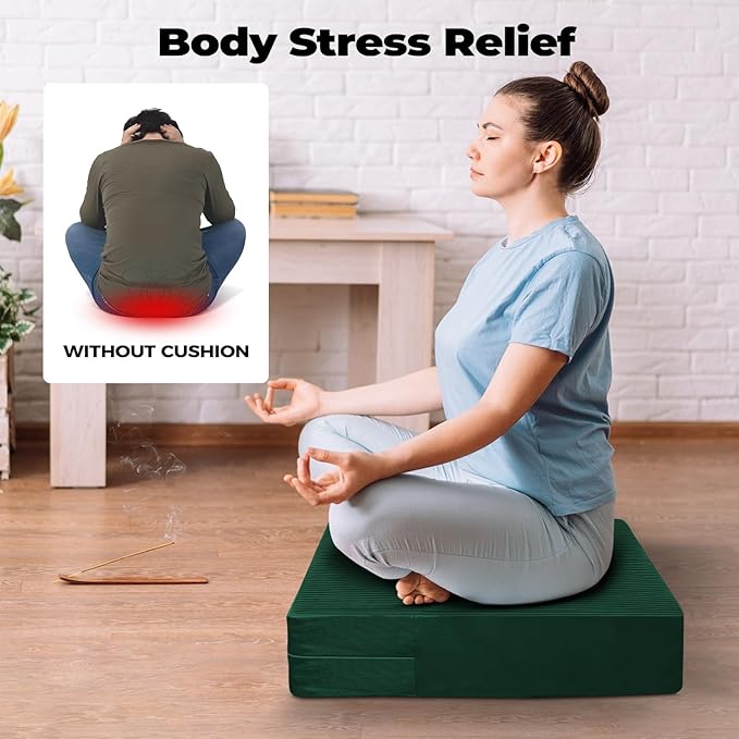 Large Floor Pillows for Adults, Thick Meditation Floor Cushions for Sitting Yoga, 22x22x5 Foam Seat Cushions Set of 2 for Furniture, Floor Pillow with Pleated Velvet Removable Cover, Green