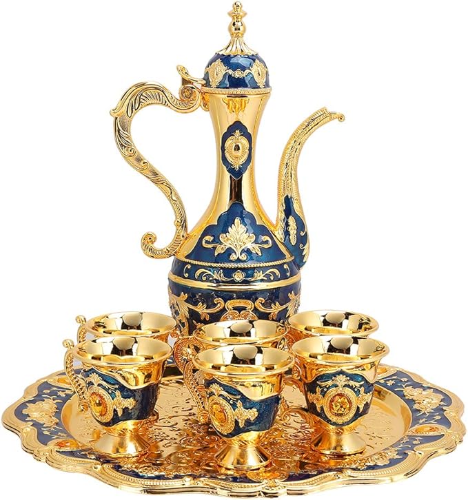 Alvinlite Small Vintage Turkish Coffee Pot Set, Turkish Tea Set with 6 Coffee Cups, Golden Wine Decanter and Glasses Set, Turkish Copper Coffee Cup Set for Home Tea Party 40ml/Cup(Blue) - Bloomnest
