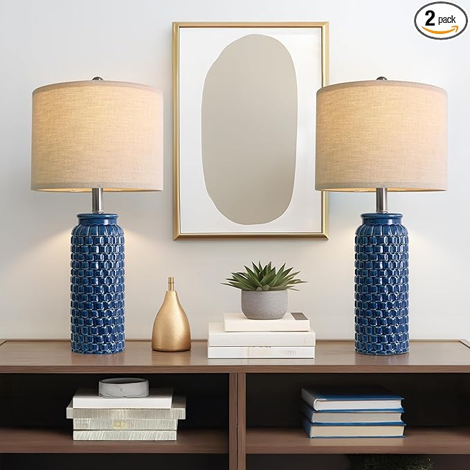 24 inches Modern Ceramic Dark Blue Bedside Lamp Set of 2 for Bedroom Decor Farmhouse Table Lamp for Living Room Office Dorm - Bloomnest