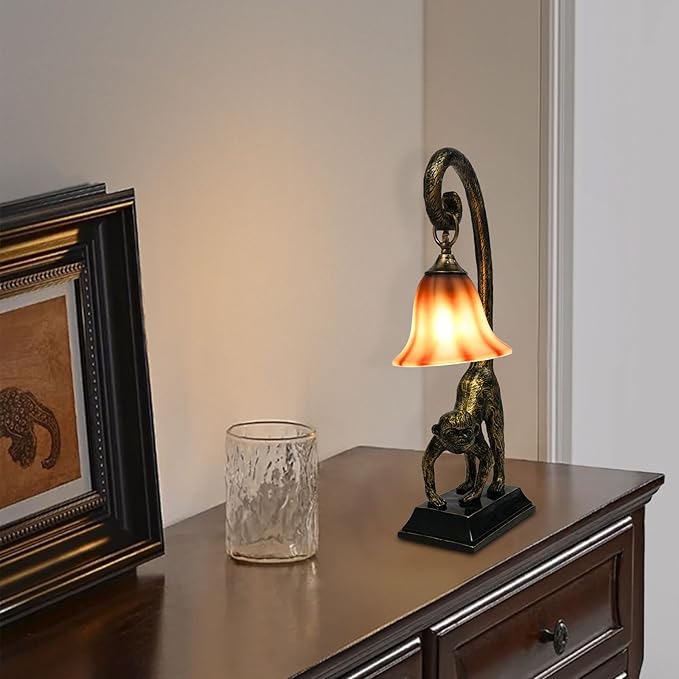 Eapmic Table Lamp, Resin Monkey Desk Lamp, Retro Bedside Light Animal Table Lamp with Trumpet Shade, Monkey Light for Bedroom Living Room Kids Room Office Home Decoration (Style 2) - Bloomnest