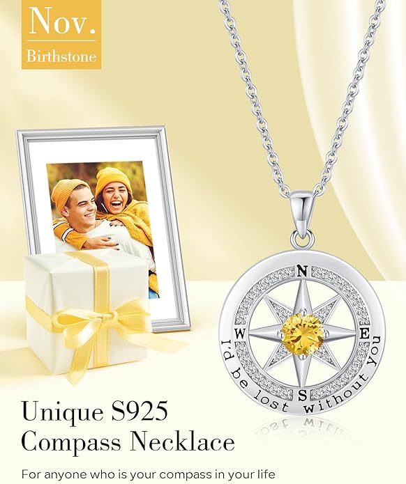 S925 Necklace Gift for Wife |Compass Jewelry |Women Anniversary |Sterling Silver |Girlfriend Birthday Gifts for Her Valentines |I'd be Lost without You |Jewel 18K Gold - Bloomnest