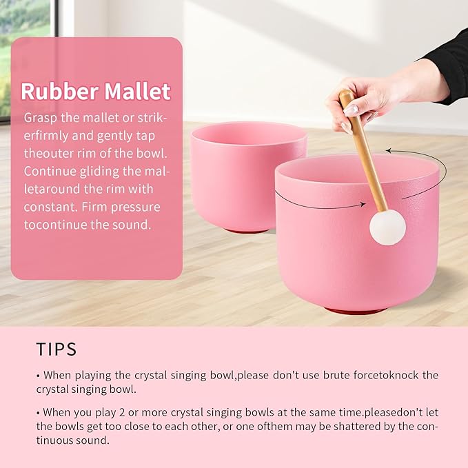 432HZ 6-12 Inch Pink Color Frosted Quartz Crystal Singing Bowls Chakra Set of 7 with Carry Case Bags for Sound Healing and Meditation