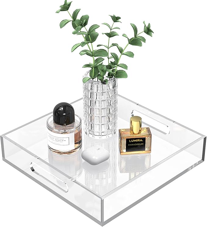Home Decorative Coffee Table Tray, 10"x10" Elegant Acrylic Serving Trays with Handles Works for Eating, Breakfast, Makeup Drawer Organizer,Bathroom Vanity Table,Ottoman Tray, Clear - Bloomnest