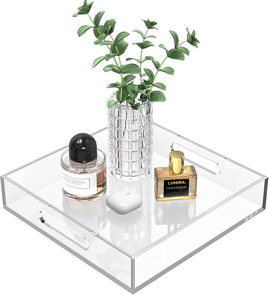 Home Decorative Coffee Table Tray, 10"x10" Elegant Acrylic Serving Trays with Handles Works for Eating, Breakfast, Makeup Drawer Organizer,Bathroom Vanity Table,Ottoman Tray, Clear - Bloomnest