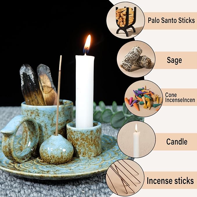 5-in-1 Ceramic Palo Santo Burner Holder Blue -Small Candle Holder & Smudge Burning Tray Bowl,Fits Incense Sticks/Cones, Sage.Zen Altar for Meditation Room, Aromatic Scents, Matches Compatible - Bloomnest