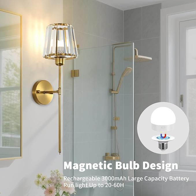 Battery Operated Crystal Wall Sconce Set of 2, Brushed Gold Wireless Wall Light with Remote Control, LED Dimmable 15 Colors USB Rechargeable Light Bulbs Wall Lamp for Bedroom Living Room Hallway - Bloomnest