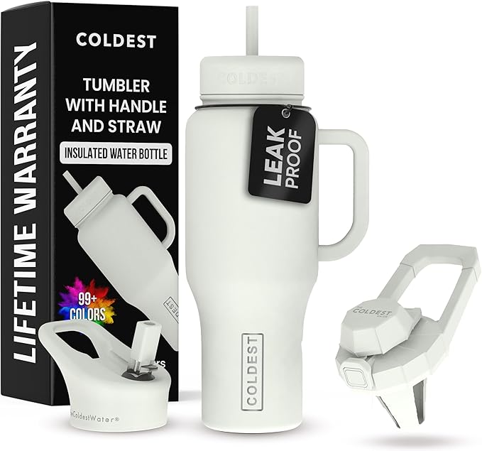 Coldest Tumbler with Handle and Straw - 100% Leak Proof Insulated Tumbler with Lid and Straw (3 Lids) - Stainless Steel Tumblers for Women & Men - Cup Holder Friendly Base, 36 oz (Margarita) - Bloomnest