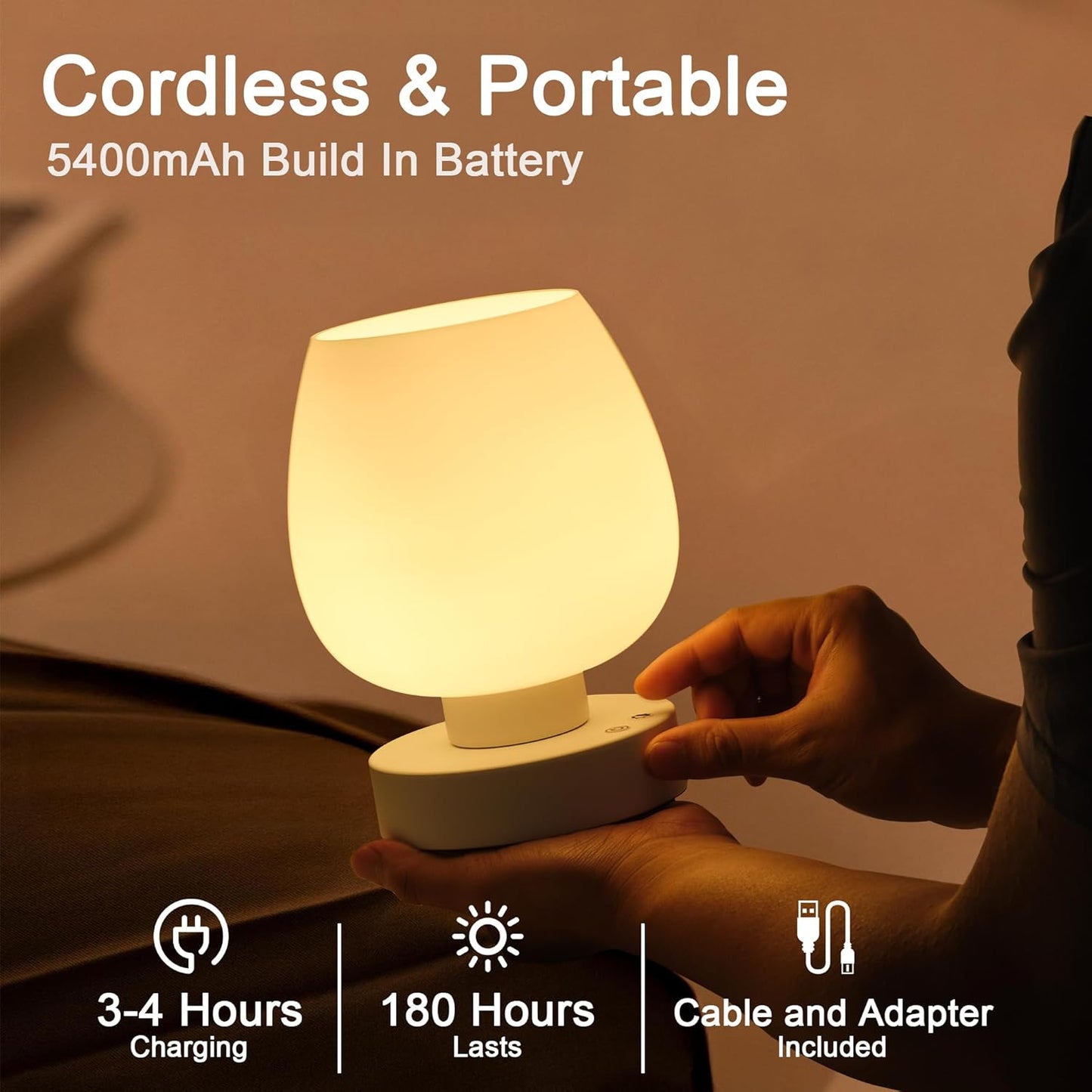 Cordless Portable Touch Bedside Table Lamp - Rechargeable Modern Small Table Lamp with White Glass Shade, Stepless Dimmable & 8 RGB Colors & Memory, Desk Lamp for Nursery Bedroom Nightstand, Gifts