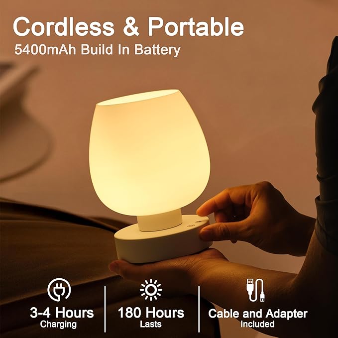 Cordless Portable Touch Bedside Table Lamp - Rechargeable Modern Small Table Lamp with White Glass Shade, Stepless Dimmable & 8 RGB Colors & Memory, Desk Lamp for Nursery Bedroom Nightstand, Gifts - Bloomnest