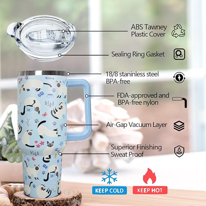 40 Oz Siamese Cat Coffee Travel Mug Cup Water Bottle Tumbler With Handle,Cat Gifts for Women - Bloomnest