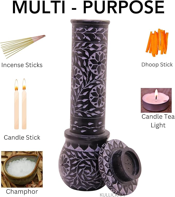 Marble Soapstone Black Incense Stick Holder | Candle Burner | Tea Light Holder - Round Incense Holder Decorative Home and Office Decor - (3 x 3 x 10 Inches)