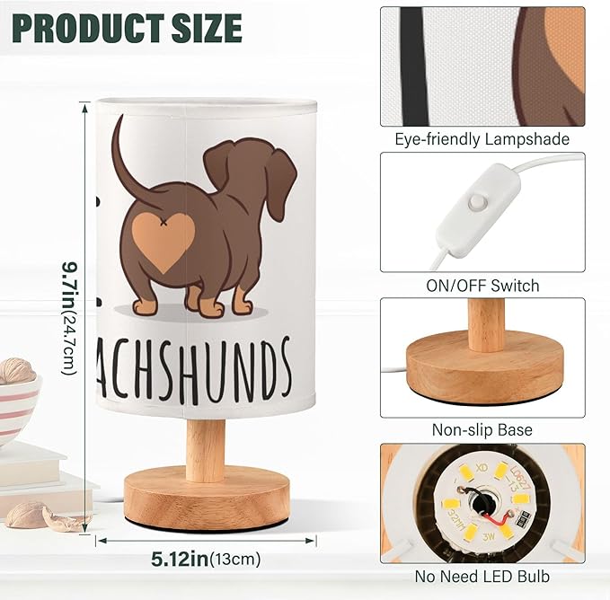 Table Lamp Cute Dachshund Dog I Love Dachshunds Heart Butt Nightstand Lamp with Wood Base Fabric Lamp Shade Bedside Desk Lamp for Living Room Bedroom Kids Room Office - Bloomnest