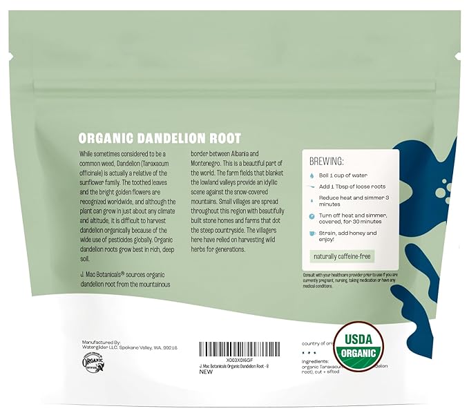 J Mac Botanicals Organic Dandelion Root (8 oz) unroasted, herb for tea and other infusions, Packaged in the USA, Certified USDA Organic - Bloomnest