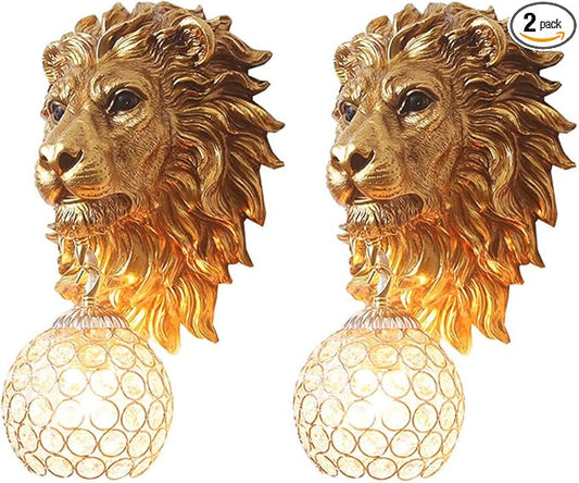 Vintage Wall Sconces Set of Two, Gold Lion Sconces Wall Decor Set of 2, Decorative Resin Animal Wall Light with Crystal Beaded Shade, Luxury Wall Lamp for Living Rooom Bedroom Hallway Stairway - Bloomnest