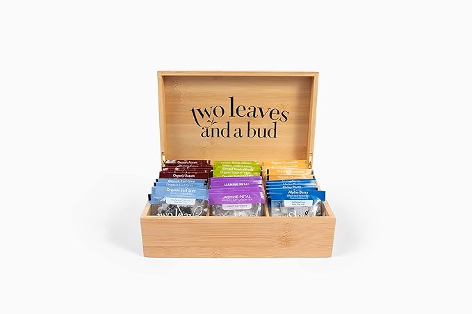 Two Leaves and a Bud Organic Tea Sampler in 6-Slot Bamboo Presentation Box - Filled Gift Box with Tea Assortment of Green, Black, and Herbal Teas - Bloomnest