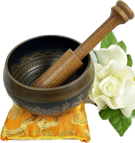 3392 SB Tibetan Auspicious Symbol Singing Bowl Set ~ Mallet Cushion Meditation Chakra Healing Prayer Yoga Mindfulness (SB-3392-E)
