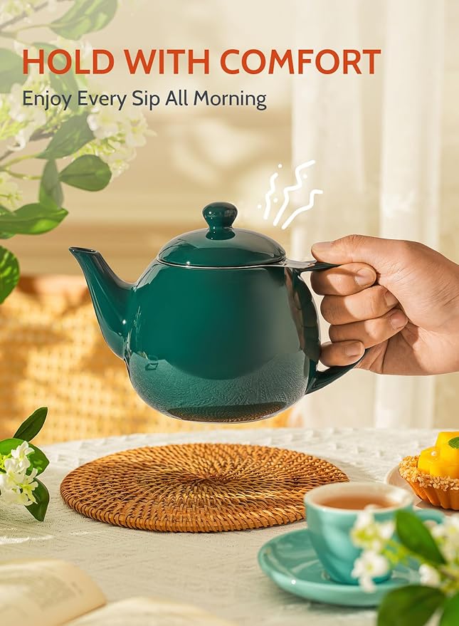 Sweese Teapots for Tea, 27 oz Porcelain Tea pot with Removable Stainless Steel Infuser, Tea Pots for Loose Tea - Dark Green - Bloomnest