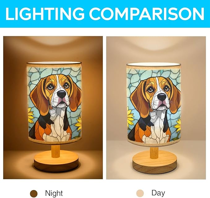 Beagle Table Lamp LED 3-Color Pressed Bedside, Dog Shade Lamp with Wood Base for Bedroom Living Room Desk Office - Bloomnest