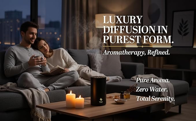 Waterless Essential Oil Diffuser, battery-operated cordless aromatherapy diffuser with timer & 3 mist levels. For car, home, office, yoga studio, nursery, bedrooms, and pet areas. Black aluminum alloy Bloomnest