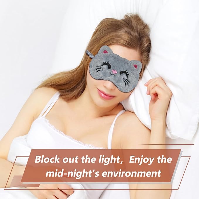 Cute Cat Sleeping Mask Eye Mask Funny Animal Kitten Sleep Mask Soft Plush Blindfold Travel Eye Cover Eyeshade for Kids Adults Girls Boys Women Men (Cat, Gray) - Bloomnest