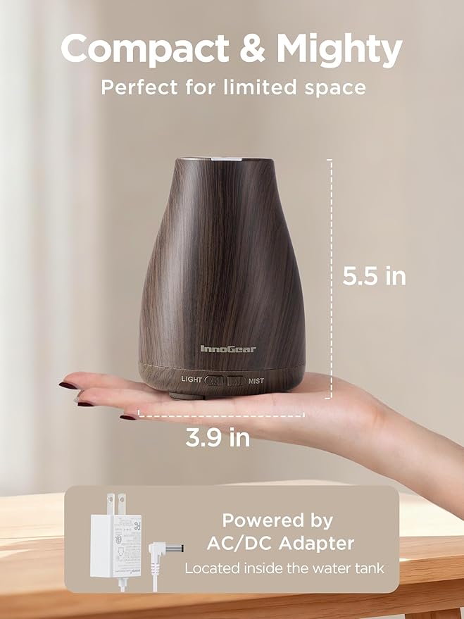 InnoGear Essential Oil Diffuser, Ultrasonic Diffusers for Home Aromatherapy Humidifier for Bedroom Room 7 Colors LED 2 Mist Mode Auto Off, Brown - Bloomnest