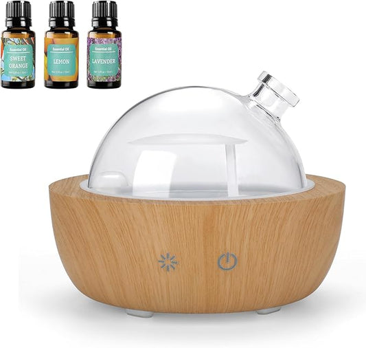 Glass Essential Oil Diffusers for Home, Wood Grain Base Humidifier, Decorative Bedroom Aromatherapy Scent Air Diffuser Ultrasonic Aroma Defusers 200ml（with 3Pcs Essential Oils） kakoda