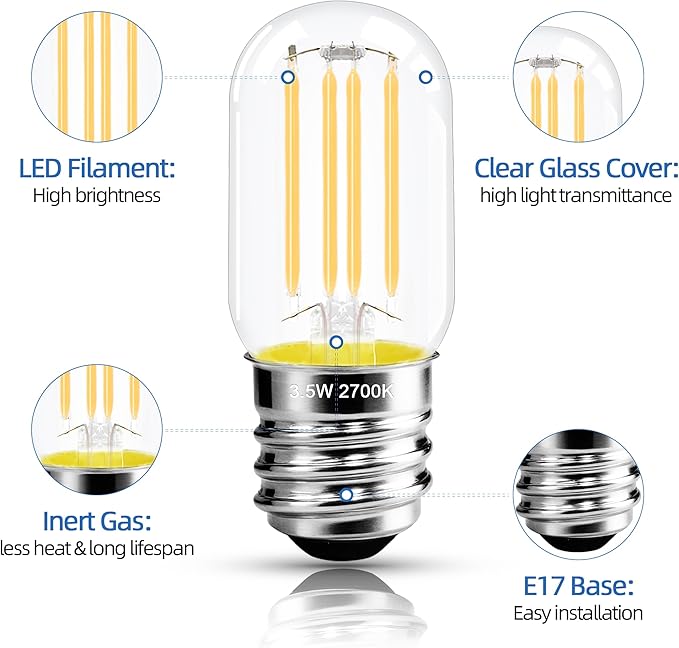 2.5 Inch E17 Intermediate Base LED Filament Bulb 360 Lumens, 2700K Soft White Dimmable Appliance Bulb AC 120V, UL Certified T8 Microwave Light Bulbs Under Hood for Refrigerator Stove 6Pack - Bloomnest