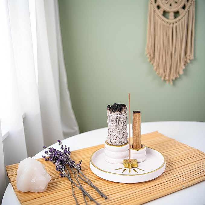 Ceramic Incense Holder Burner, Sage Holder for Burning, Palo Santo Sticks Holder, 5.51" Ash Catch Tray, Smudge Dish for Meditation Yoga, Modern Home Decor Gift - Bloomnest