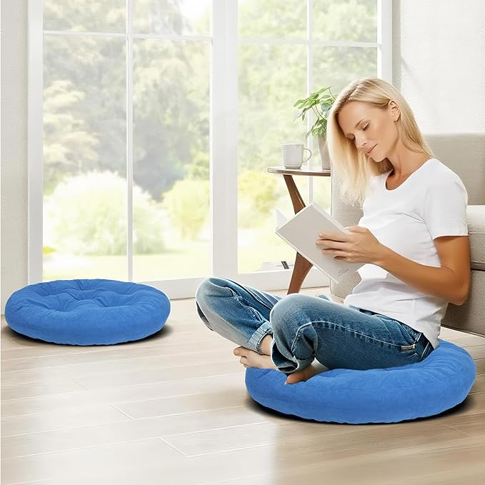 Meditation Floor Pillow Set of 2, Round Large Pillows Seating for Adults, Tufted Corduroy Cushion for Tatami Living Room, 22x22 Inch FP-Dblue-R