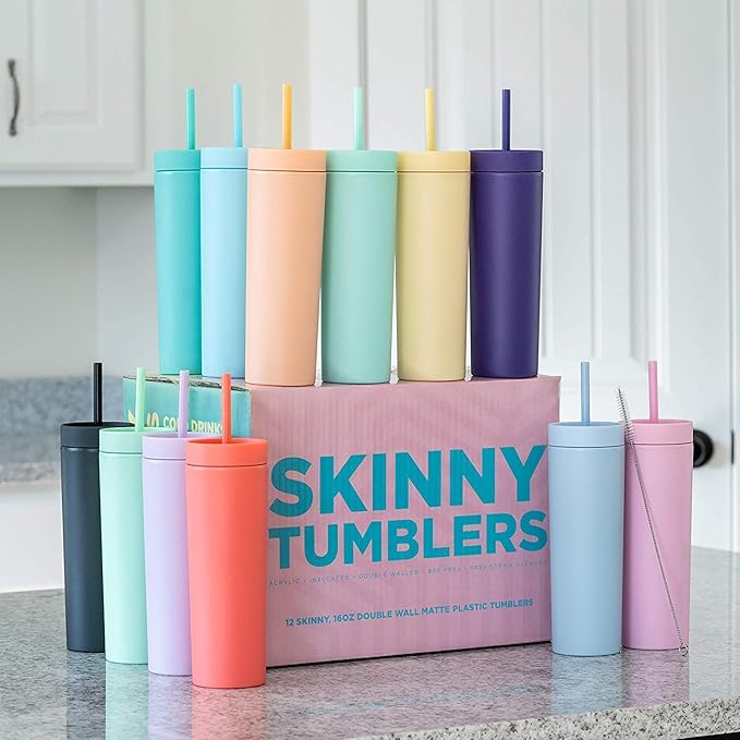 STRATA CUPS Multicolor Skinny Tumblers with Lids and Straws (12 pack) - 16oz Double Wall Acrylic Tumbler, Tall Matte Skinny Tumblers, Bulk with Free Straw Cleaner, Reusable Cups - Bloomnest