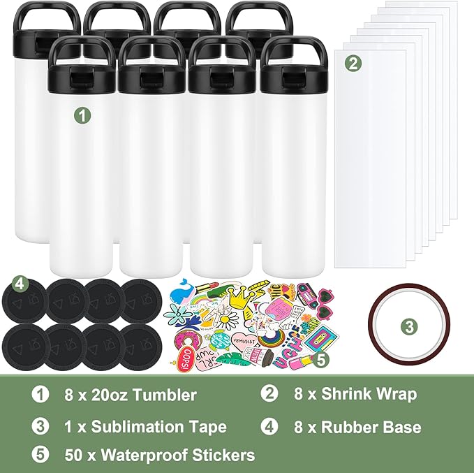 8 Pack 20oz Sublimation Tumbler Set Triple-Insulated Stainless Steel Sports Water Bottle with Straw Lid Blank Sublimation Cup with DIY Stickers, Shrink Wrap, Rubber Base, Heat Tape for Heat Transfer - Bloomnest