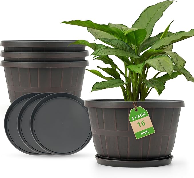 Quarut 16 Inch Brown Classic Plastic Whiskey Barrel Planters Set of 4 with Drainage Holes & Trays for Indoor & Outdoor Use - Bloomnest