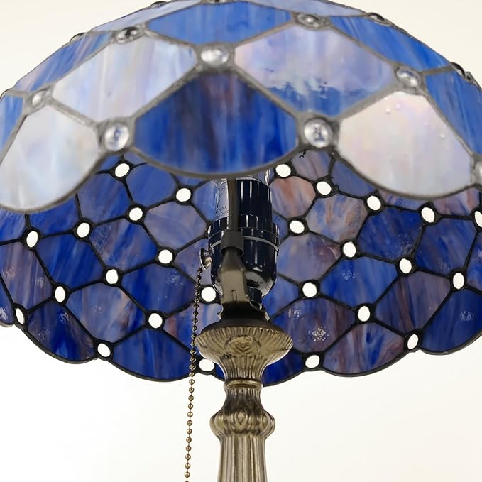 Tiffany Lamp Vintage Deep Blue Stained Glass Bead Table Lamp Desk Bedside Reading Light Decor Bedroom Living Room Home Office D12*H18 Inches - Bloomnest