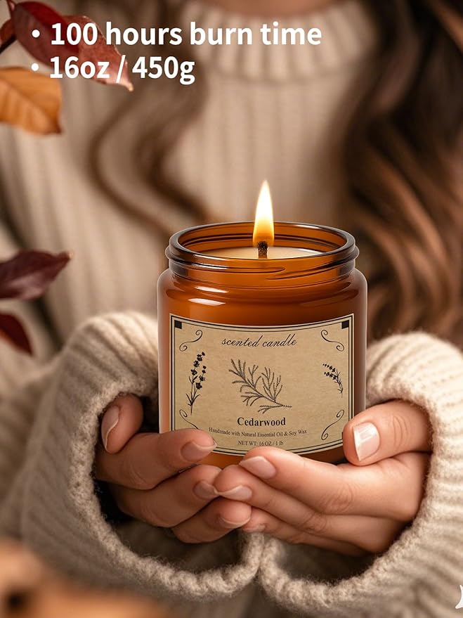 Candles for Home Scented, 16oz Large Jar Scented Candle – Cedarwood Soy Wax Candle with 100 Hour Burn Time, Long Lasting Aromatherapy Candle for Cozy Home Fragrance, Relaxation & Decorative Gift - Bloomnest