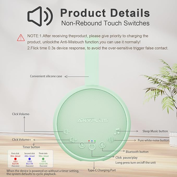 White Noise Machine for Sleeping Adults & Baby, Portable Sound Machine with 24 Soothing Sounds, Bluetooth 5.1, Battery Powered, 3 Timer Settings, Memory Function for Home, Office, Travel (Green)