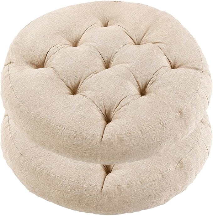 Meditation Floor Pillow, 2 Pack Round Floor Cushions for Adults, Button Tufted Seat Cushions for Yoga Tatami Living Room, Beige, 22 x 22 x 4 in