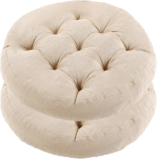 Meditation Floor Pillow, 2 Pack Round Floor Cushions for Adults, Button Tufted Seat Cushions for Yoga Tatami Living Room, Beige, 22 x 22 x 4 in