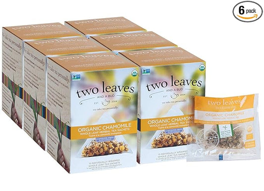 Two Leaves and a Bud Organic Chamomile Tea Bags, Naturally Caffeine Free, Whole Leaf Herbal Chamomile Tea in Compostable Sachets, 15 Count (Pack of 6) - Bloomnest