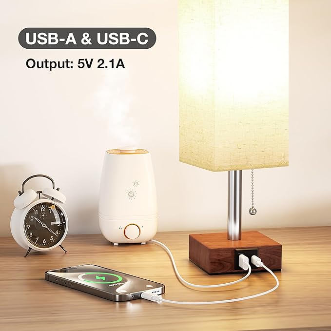 aooshine Red Brown Small Table Lamp for Bedroom - 3 Color Temperature 3000K 5000K 4000K Bedside Lamp, Pull Chain Control, USB A and C Ports, Pure Gold Color Base, Bulb Included - Bloomnest