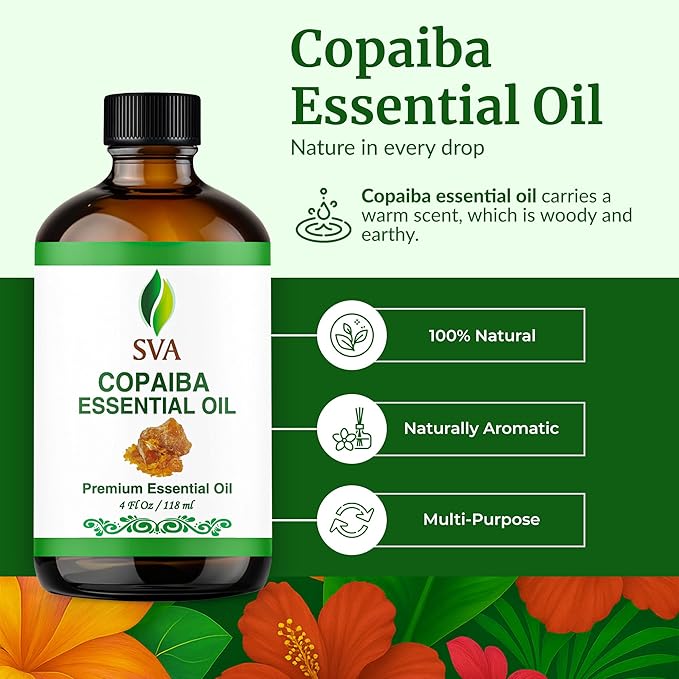 SVA Copaiba Essential Oil – 4 Fl Oz – 100% Natural Copaiba Oil - for Diffuser, Hair Care, Face, Skin Care, Aromatherapy, Scalp and Body Massage, Soap and Candle Making – with Dropper - Bloomnest