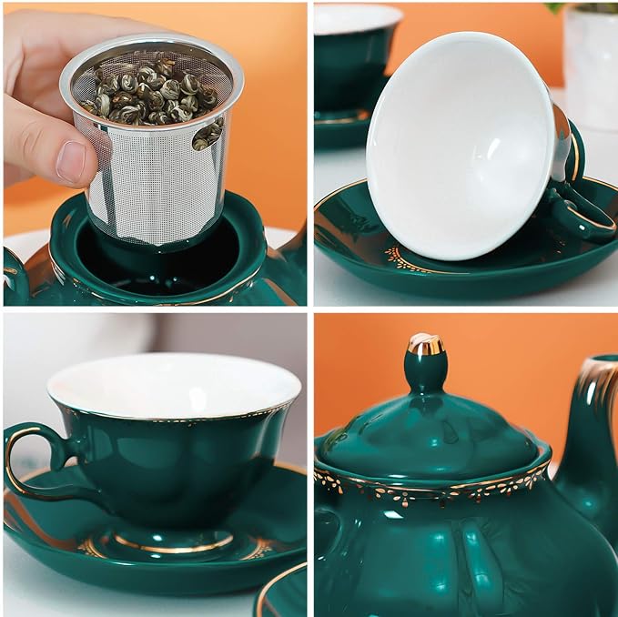 CHENP.HMC Tea Set 22-Piece Porcelain Ceramic Coffee Tea Sets Cups Saucer Service for 6 Teapot Sugar Bowl Creamer Pitcher and Teaspoons Porcelain Tea Set(Dark Green) - Bloomnest