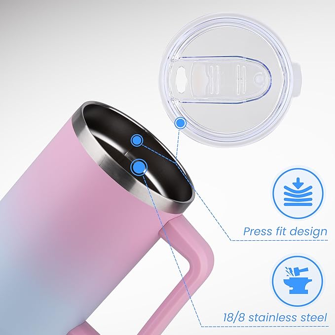 DOMICARE 40 oz Tumbler with Handle and Straw, Stainless Steel Tumbler with Lid and Straw, Reusable Vacuum Insulated Cup, Travel Coffee Mug, Dreamy Pink Blue, 1Pack - Bloomnest