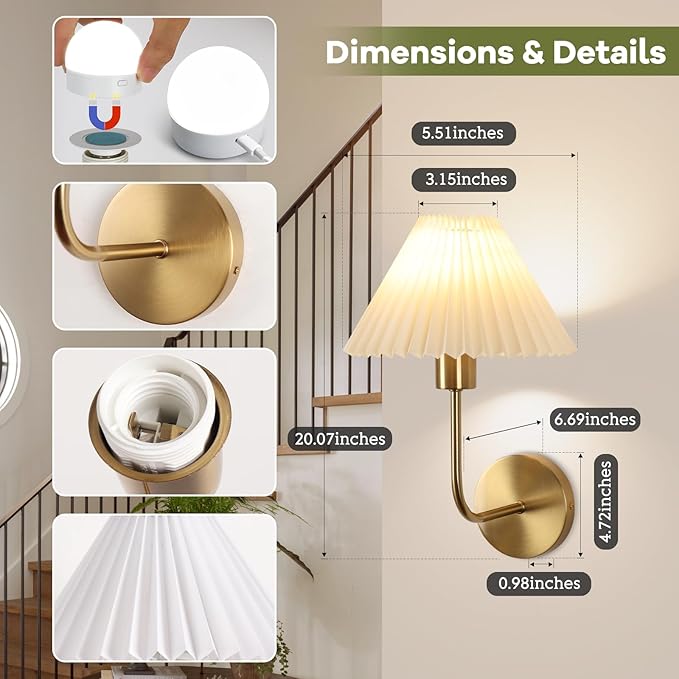 Wireless Wall Sconce Sets of 2, Pleated Shades Rechargeable Battery Operated Wall Sconce, Retro Industrial Gold Wall Lights Bathroom Vanity Sconces, Wall Mounted Lamps for Bedroom Living Room Kitchen - Bloomnest