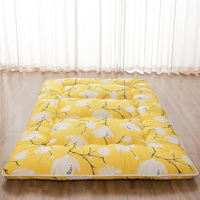 Japanese Floor Mattress, Futon Mattress with Portable Storage Bag and Washable Cover, Roll Up Thick Tatami Mat Suitable for Camping, Guest Room, Yellow Flower, Full - Bloomnest
