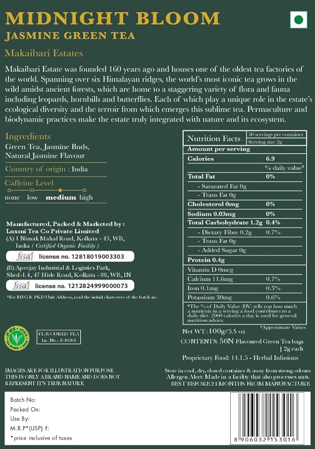 Luxmi Estates Midnight Bloom Organic Jasmine Tea (50 Tea Bags) Mildly Caffeinated Tea Bags For Relaxing, Calming, and Stress Relief, With Certified Organic Darjeeling Makaibari Green Tea - Bloomnest