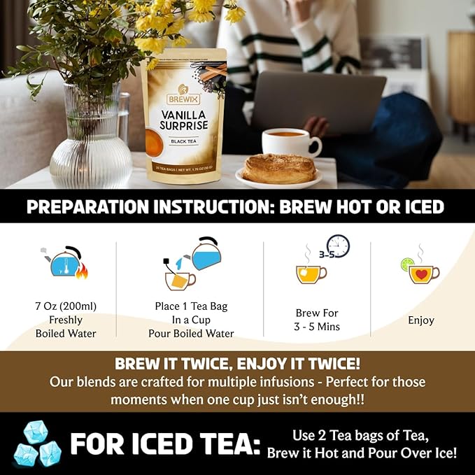 BREWIX, Vanilla Spiced Chai Tea (25 Pyramid Tea Bags) | High Caffeine, Gluten Free | Blend Of Vanilla & Masala Chai Tea | Black Tea with Cinnamon, Black Pepper, Cardamom and Clove | Energy & Focus Tea - Bloomnest