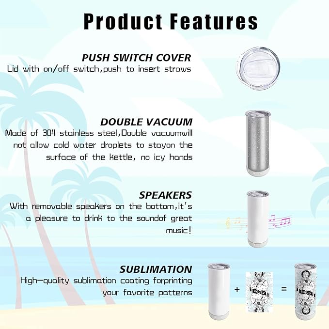 6 Pack 20 OZ Sublimation Blank Tumblers Bulk Stainless Steels Double Vacuum Bluetooth Speaker Music Insulated Tumbler with Lid and Straw Metal Cup White - Bloomnest