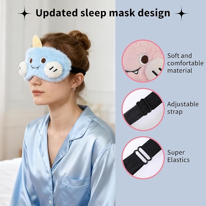 Cute Sleep Eye Masks for Kids, Kawaii Cartoon Kids Sleeping Mask for Women Boys Girls Teens, Soft Plush Adjustable Eyeshade Travel Nap Eye Cover (Blue+Pink Monster) - Bloomnest