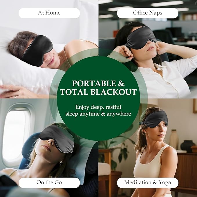 100% Mulberry Silk Sleep Mask for Unisex, 22 Momme 3D Silk Contoured Eye Mask, Breathable Light Blocking Blindfold with Adjustable Strap, Blackout Eye Cover for Travel, Black - Bloomnest