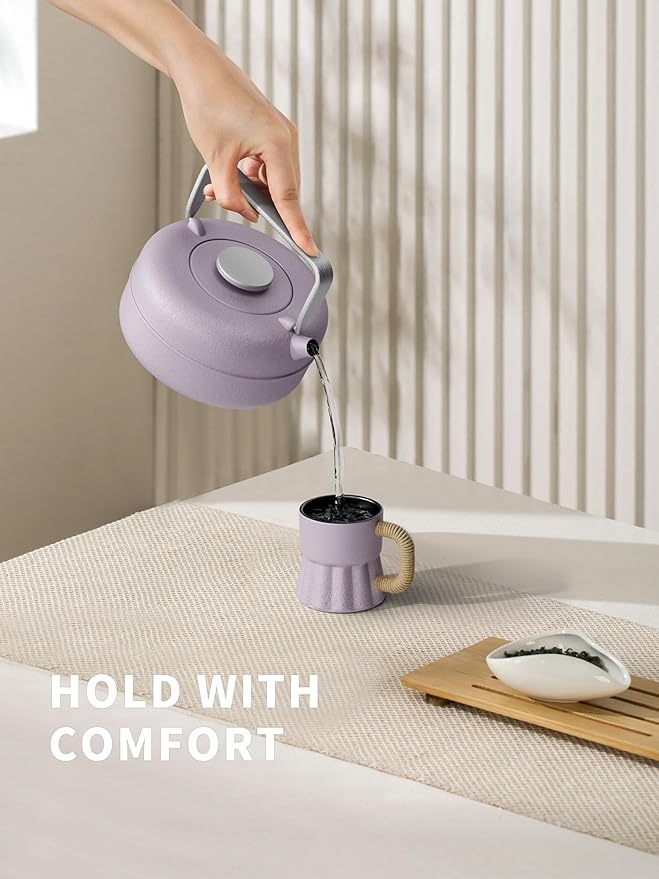 Toptier Teapot with Removable Infuser, Cast Iron Tea Kettle Stovetop Safe, Solid Geometry Cylinder Design Tea Pot Coated with Enameled Interior for 27 Ounce (800 ml), Purple - Bloomnest